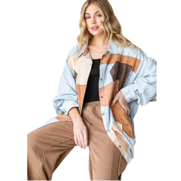 110. Oversized Blue Denim Chambray Button Down Top with Micro Suede Patch Detail - Picture 3 of 9